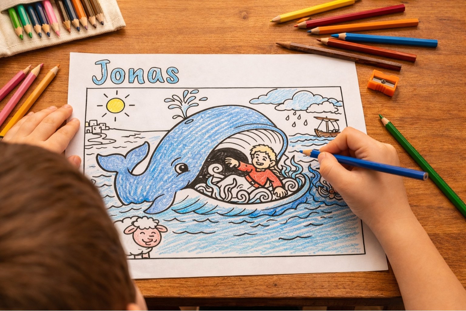 Criança colorindo um desenho bíblico