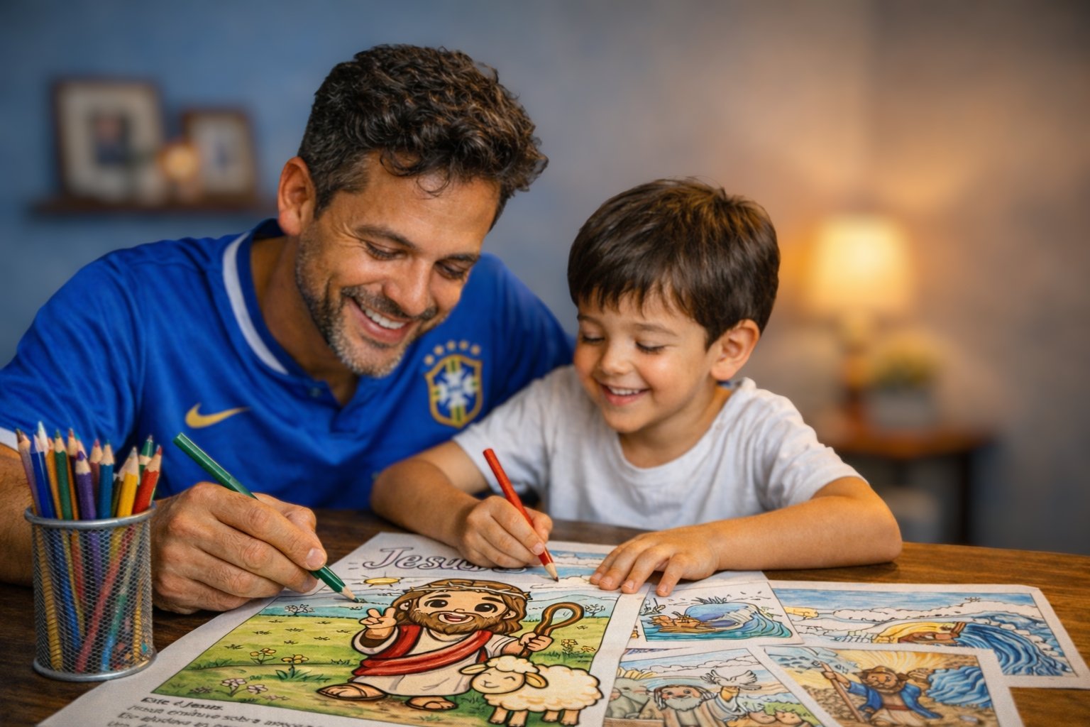 Pai e filho colorindo juntos